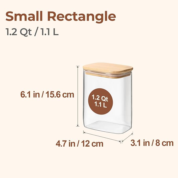 ComSaf 1.2 Qt Rectangle Glass Storage Containers with Lids, Glass Jars with Bamboo Lids, Clear Food Storage Jar, Sugar Coffee Containers, Pantry Container for Pasta Tea Candy Nut - Image 2