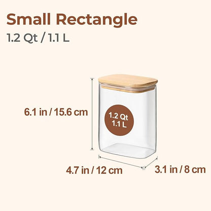ComSaf 1.2 Qt Rectangle Glass Storage Containers with Lids, Glass Jars with Bamboo Lids, Clear Food Storage Jar, Sugar Coffee Containers, Pantry Container for Pasta Tea Candy Nut - Image 2
