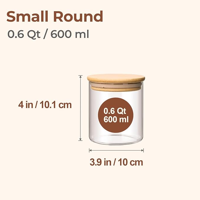 ComSaf Airtight Glass Food Storage Jars Set of 6, 0.6 Qt Clear Glass Food Storage Container with Sealing Wooden Lid, Stackable Spice Jar, Round Kitchen Canister for Sugar, Tea, Coffee bean, Pasta, Oat - Image 2