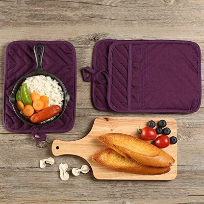 Oven Pot Holder with Pocket Cotton Heat Resistant Coaster Potholder Kitchen Hot Pad Oven Mitts for Cooking Square 7"x9"Set of 5 (Purple) - Image 4