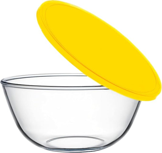 4.7QT Large Glass Mixing Bowl with Yellow Lid, Big Salad Bowl with Lid, Large Glass Bowls for Sourdough and Kithen