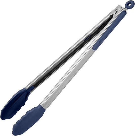 600ºF Heat Resistant Kitchen Tongs: U-Taste 16 in Extra Long Large Silicone Cooking Tong with Non Stick Rubber Tips & Non Slip Silicon Coated 18/8 Stainless Steel Handle for Grill BBQ (Midnight Blue) by U-Taste
