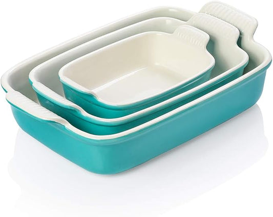 Sweejar Baking Pans Set, Ceramic 9x13 Baking Dish with Handle, Rectangular Casserole Dishes for Oven, Bakeware Sets of 3, Durable Lasagna Pan Deep for Kitchen, Banquet, Wedding Gift(Turquoise) by Sweejarco1949