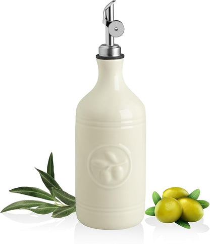 Sweejar 16 Oz Ceramic Olive Oil Dispenser Bottle, Oil Dispenser for Kitchen with Gravity Spout, Relief Opaque Oil Container for Evoo, Avocado Oil, Vinegar, Soy Sauce, 1 Pack(Beige, Silver Spout) by Sweejarco1949