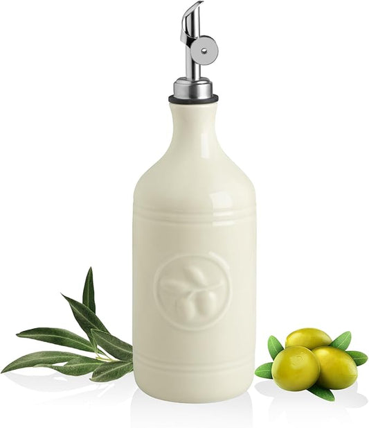 Sweejar 16 Oz Ceramic Olive Oil Dispenser Bottle, Oil Dispenser for Kitchen with Gravity Spout, Relief Opaque Oil Container for Evoo, Avocado Oil, Vinegar, Soy Sauce, 1 Pack(Beige, Silver Spout) by Sweejarco1949