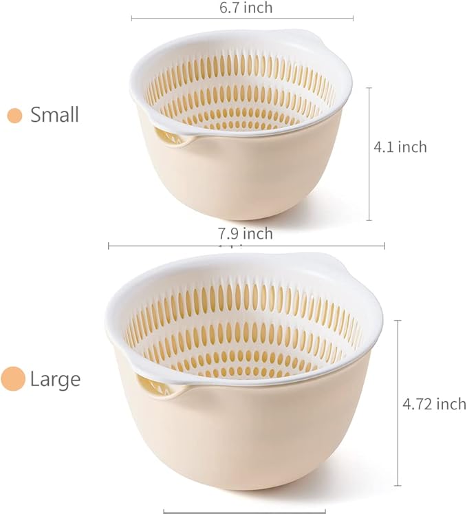 2 in 1 Kitchen Colander Set with Bowl Strainer (2 Sets 2.5 Qt),BPA Free Plastic Fruits and Vegetable Washing Basket,Dishwasher Friendly Double Layered Drain Basin,for Pasta Salad Berry Cleaning Mixing - Image 2