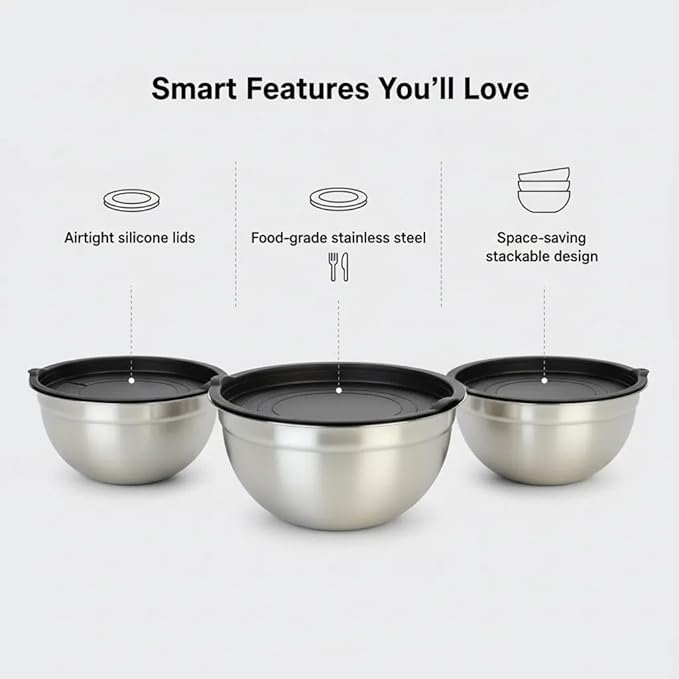 Mixing Bowls with Lids Set of 3 - Stainless Steel Nesting Bowls (1.5, 2.5, 5 QT) with Food-Grade TPE Lids, BPA-Free, Airtight & Durable for Baking, Meal Prep