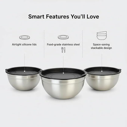 Mixing Bowls with Lids Set of 3 - Stainless Steel Nesting Bowls (1.5, 2.5, 5 QT) with Food-Grade TPE Lids, BPA-Free, Airtight & Durable for Baking, Meal Prep