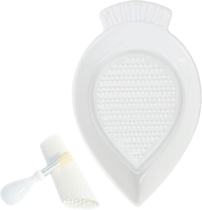 Ceramic Grater Plate for Ginger, Garlic, Onion, Cheese, Lemon, Chocolate, Vegetables and Fruits in Kitchen, White Garlic Grater with Peeler and Brush, Carrot-shaped