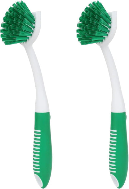 Dish Brush with Handle, 2 Pack Scrub Brushes with Built-in Scraper for Cleaning Kitchen, Pots, Pans and Sink, Scrubber Washing Tools, Green by HileSwan