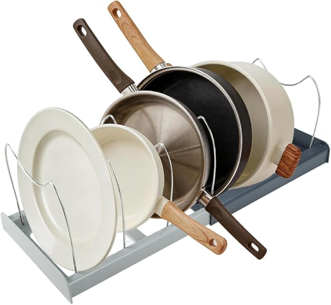 Pot and Pan Organizer Rack for Cabinet - Expandable 12" to 22" Kitchen Cabinet Organizer with 7 Dividers, Heavy-Duty ABS Base for Lids, Cutting Boards, Bakeware, Cookware Storage, Grey