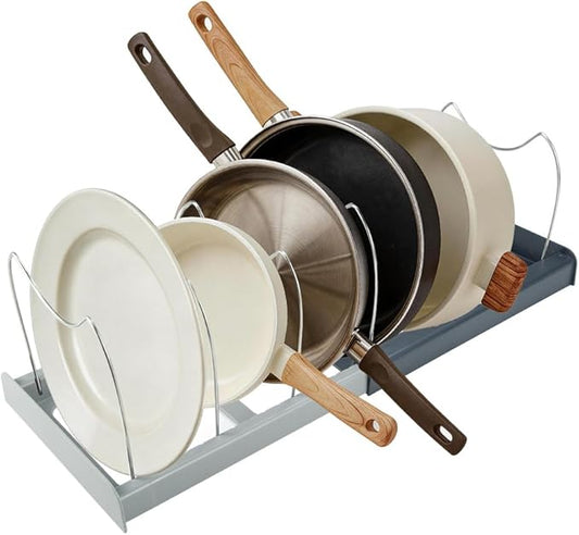 Pot and Pan Organizer Rack for Cabinet - Expandable 12" to 22" Kitchen Cabinet Organizer with 7 Dividers, Heavy-Duty ABS Base for Lids, Cutting Boards, Bakeware, Cookware Storage, Grey