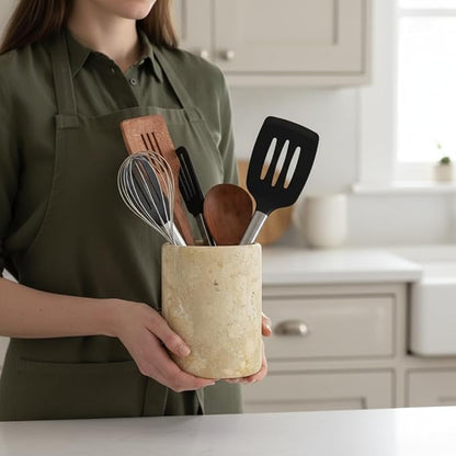 Marble Utensil Holder 6.5 Inch Travertine Utensil Caddy, Wooden Cooking Utensils Set & Spatula Organizer for Kitchen Counter Decor, Stone Crock for Spoon Holder & Farmhouse Decor