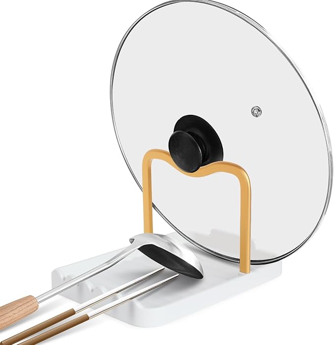 Ysks'hf spoon holder and pot lid holder，stainless steel，Kitchen Utensil Rest, scraper holder & pot holder，Spoon Holder for Stove Top - Kitchen Utensil Holder for Ladles & Tongs (Gold White)