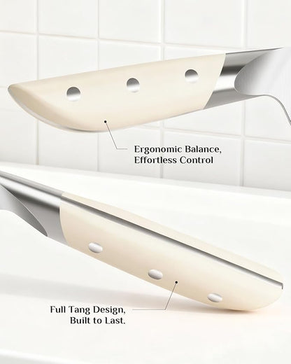 Kitchen Knife Set with Block: 14-Piece German Stainless Steel Full Tang Professional Knife - Comfortable Grip Reduces Hand Fatigue 30% - Dishwasher Safe & Sharpener - White Knife Set for Cooking