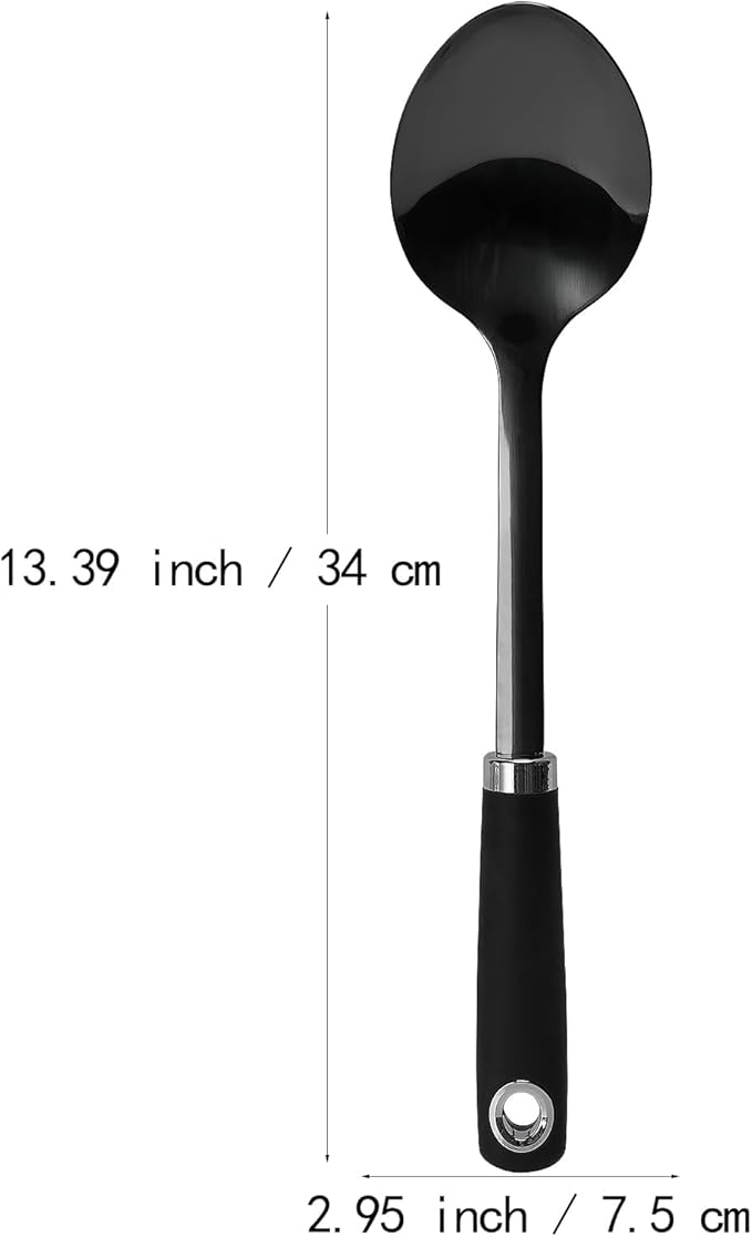 304 Stainless Steel Cooking Spoon, 14 Inch Solid Basting Spoon with Silicone Non-Slip Handle, Heavy Duty Serving Spoon for Stirring, Scooping, Mixing, Serving Soups, Sauces, Rice, Black