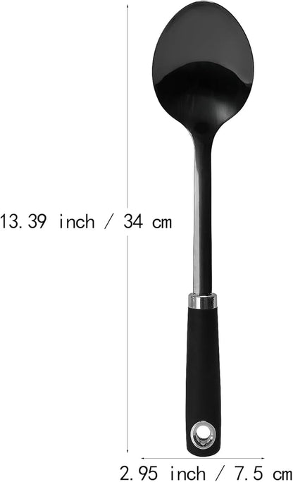 304 Stainless Steel Cooking Spoon, 14 Inch Solid Basting Spoon with Silicone Non-Slip Handle, Heavy Duty Serving Spoon for Stirring, Scooping, Mixing, Serving Soups, Sauces, Rice, Black
