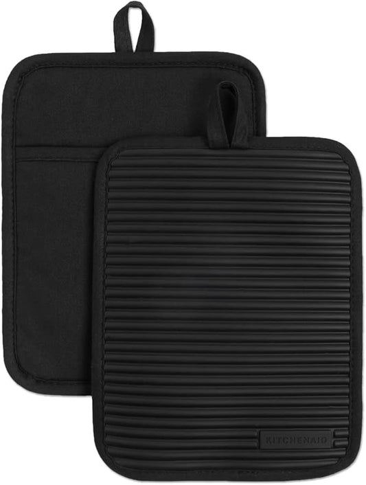 KITCHENAID Ribbed Soft Silicone Pot Holder 2-Pack Set, Matte Black, 7"x9" by KitchenAid