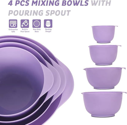 BoxedHome Nesting Plastic Mixing Bowl Set, 4 Piece Mixing Bowl Set with Pour Spouts, Size 1.7, 2.5, 3.5 and 4.5qt, for Prepping, Mixing, Baking, Cooking(2023 New Version, Purple) - Image 2