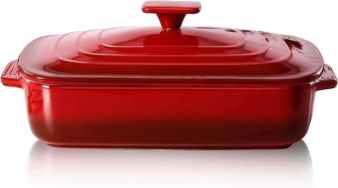 Lareina Large Ceramic Casserole Dish with Lid, 4.0 Quart Covered Rectangular Stoneware Baking Dishes for Oven, Deep 9x13 Inch Lasagna Pans for Baking and Serving, Perfect for Christmas gifts, Red by Lareina