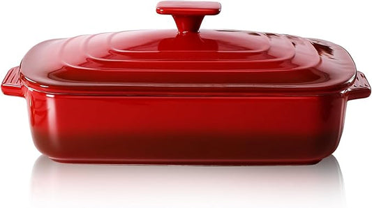 Lareina Large Ceramic Casserole Dish with Lid, 4.0 Quart Covered Rectangular Stoneware Baking Dishes for Oven, Deep 9x13 Inch Lasagna Pans for Baking and Serving, Perfect for Christmas gifts, Red by Lareina
