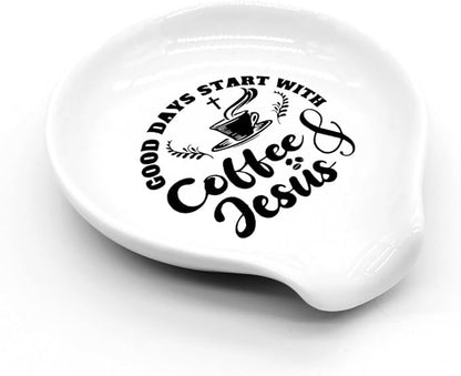 Funny Coffee Spoon Holder-Coffee Spoon Rest-Cafe Bar Station Accessories-Good Days Start With Coffee And Jesus Sign