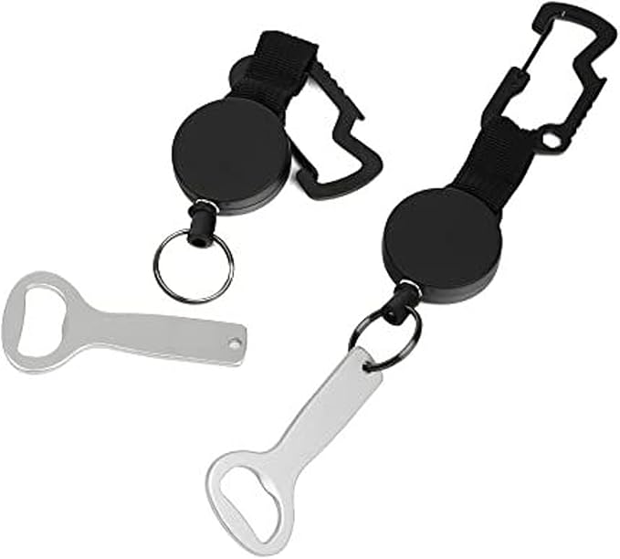 Maplefield Retractable Bottle Opener - Pack of 2, Silver & Black - Carabiner Clip & Bottle Opener Attachment for Cooler - Stainless Steel Construction - Retractable Wire Cord for Quick Access