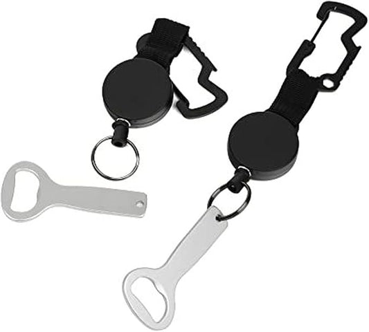 Maplefield Retractable Bottle Opener - Pack of 2, Silver & Black - Carabiner Clip & Bottle Opener Attachment for Cooler - Stainless Steel Construction - Retractable Wire Cord for Quick Access