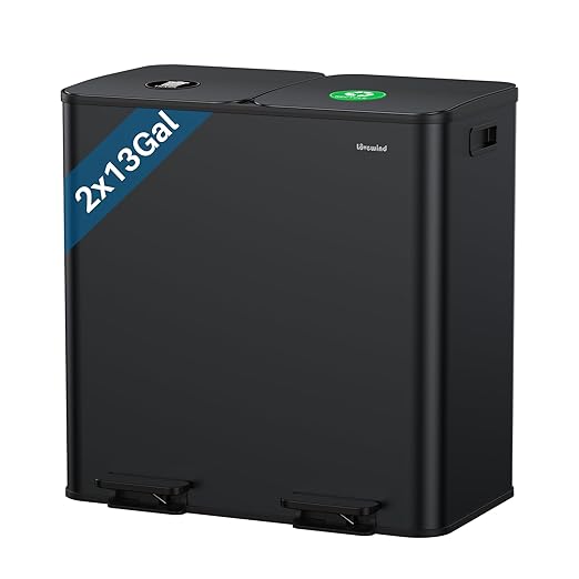 Dual Trash and Recycling Bins for Kitchen, 2×13 Gallon (2× 50L) Stainless Steel Trash and Recycle Bin Combo with Soft-Close Lid, Large Garbage Cans for Kitchen Home with 2 Magnets Sticker, Black