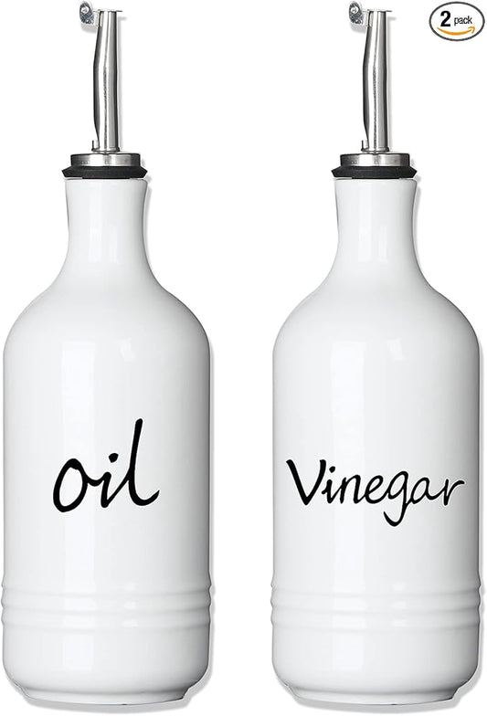 Farmhouse Ceramic Oil and Vinegar Dispenser Bottle Set, Perfect for Storage of Oil and Vinegar,15 oz (White)