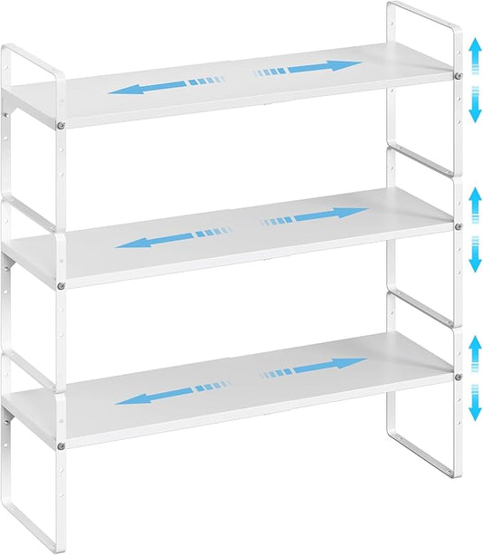 15.5 to 25.5 Inch Kitchen Cabinet Shelf Organizers, Adjustable Kitchen Counter Shelf Organizer, Set of 3 Expandable Countertop Storage Shelves, Stackable Design, 30LBS Heavy Duty, Space Saver by X-cosrack