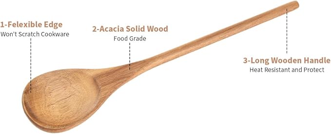 Wooden Spoonsfor Cooking2PCS, Acacia Wood Spoon 12.6" Wooden Utensils for Mixing, Mixing Spoons Cooking Spoon for Stirring Long Wooden Spoon Kitchen Serving Nonstick Utensil Smooth Finish
