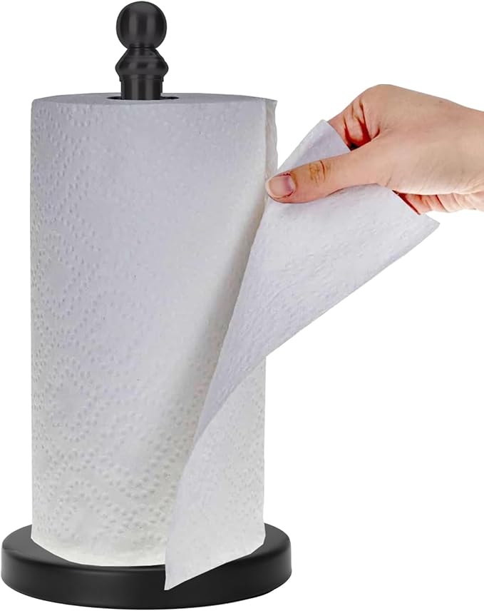 Paper Towel Holder Countertop, Standing Paper Towel Roll Holder for Kitchen Bathroom, with Weighted Base for One-Handed Operation (Black) by Exilon