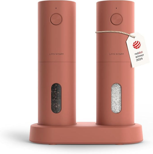 LARS NYSØM Electric Salt and Pepper Grinder Set, USB Rechargeable, Automatic Salt and Pepper Mills, Spice Shakers Refillable with LED Light, Adjustable Coarseness, Ceramic Grinder (Brick Red) by LN