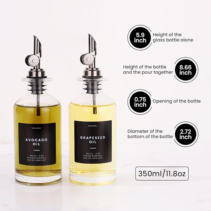 Molimoli Oil and Vinegar Dispenser with Metal Pour Spout, Weighted Pourer, Glass Bottle Dispenser for Kitchen, Olive Oil Cruet, Glass Olive Oil Bottle |350ml, Set of 2 - Image 6