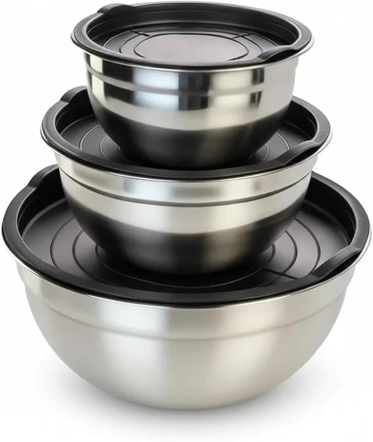 Mixing Bowls with Lids Set of 3 - Stainless Steel Nesting Bowls (1.5, 2.5, 5 QT) with Food-Grade TPE Lids, BPA-Free, Airtight & Durable for Baking, Meal Prep
