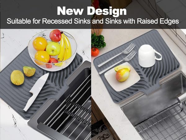 Dish Drying Mat for Kitchen Counter, with Built-in Drain Lip, Food-Grade Silicone, Easy Clean Pad for Countertop Protection, Multi-Functional Use (18 x12 Raised Sink, Grey) - Image 2