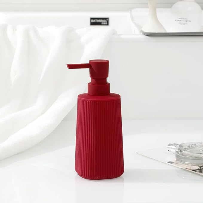 Small Soap Dispenser for Bathroom and Kitchen, Modern Farmhouse Striped Style Plastic Hand Soap Dish Soap Dispenser with Pump Matte Red - Image 4