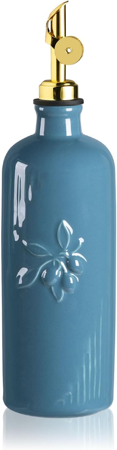 Sweejar Ceramic Olive Oil Dispenser Bottle for Kitchen Counter, 20 oz Oil Dispenser with Gold Spout, Avocado Oil Cruet for EVOO, Vinegar, Oil Container for Cooking, Pack of 1 (Fog Blue)