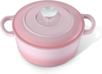 E-far 3 Qt Enameled Cast Iron Dutch Oven with Lid, Small Round Nonstick Dutch Oven Pot for Bread Baking Braising Stews Roasting Cooking, Heavy Duty, Induction & Oven Safe - Pink