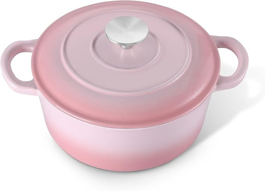 E-far 3 Qt Enameled Cast Iron Dutch Oven with Lid, Small Round Nonstick Dutch Oven Pot for Bread Baking Braising Stews Roasting Cooking, Heavy Duty, Induction & Oven Safe - Pink