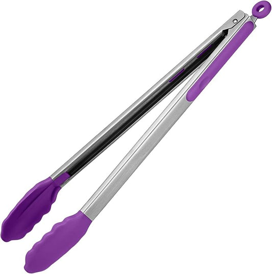 600ºF Heat Resistant Kitchen Tongs: U-Taste 16 inch Extra Long Large Silicone Cooking Tong with Sturdy Non Stick Rubber Tips & Non Slip Silicon Coated 18/8 Stainless Steel Handle for Grill BBQ(Purple) by U-Taste