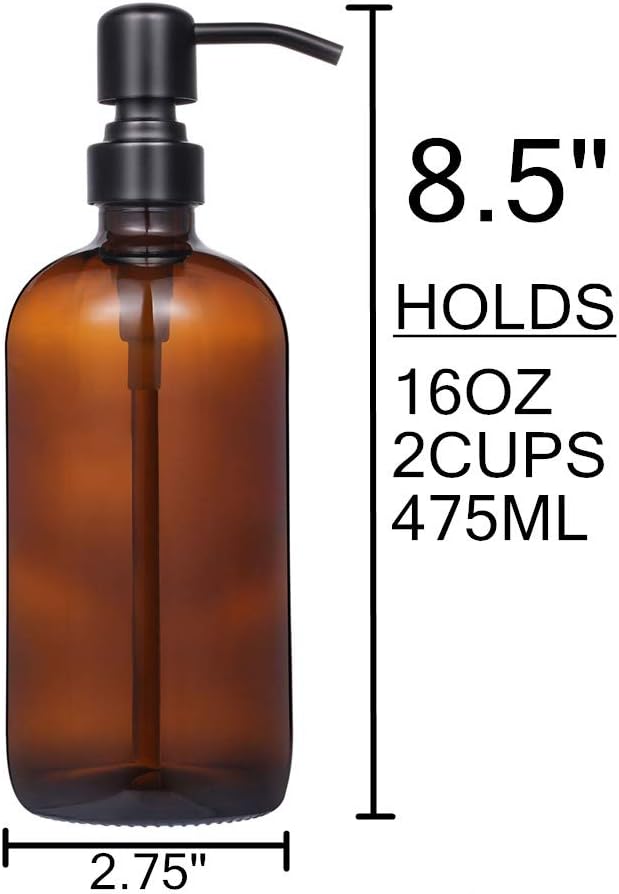 2 Pack Thick Amber Glass Pint Jar Soap Dispenser with Matte Black Stainless Steel Pump, 16ounce Boston Round Bottles Dispenser with Rustproof Pump for Essential Oil, Lotion Soap - Image 4