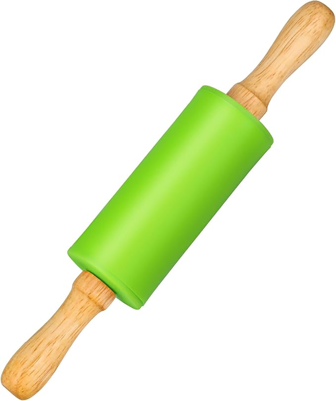 Mini Silicone Rolling Pin for Kids, Non-stick Surface Wood Handle, 9 Inch 1 Pack Green by Honglida
