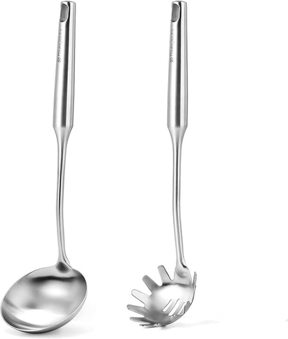 Stainless Steel Soup Ladle and Spaghetti Spoon Set - Large Ladle Spoon, Pasta Strainer, Durable Kitchen Cooking Utensils for Stirring, Serving Pasta, Soup & Sauce，Christmas Gifts by Mamajardin