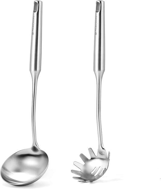 Stainless Steel Soup Ladle and Spaghetti Spoon Set - Large Ladle Spoon, Pasta Strainer, Durable Kitchen Cooking Utensils for Stirring, Serving Pasta, Soup & Sauce，Christmas Gifts by Mamajardin