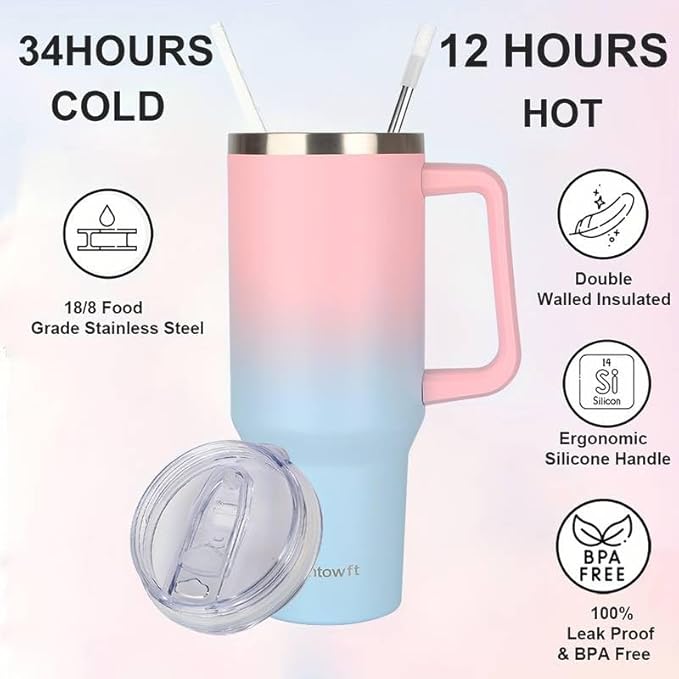 40oz Stainless Steel Double Vacuum Tumbler with Handle, Straw Lid, Carrier Bag, Purse Pouch Phone Pocket, Gym Water Bottle Travel Mug and Sleeve Holder for Men Women (Green Purple)