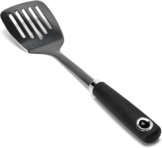 Metal Spatula, Stainless Steel Slotted Turner for Kitchen Use, Heat-Resistant Non-Slip Silicone Handle, Cooking Spatula for Pancakes, Eggs, Burgers, Black