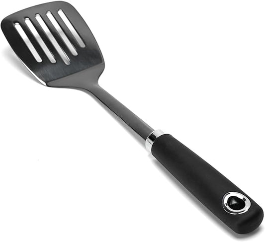 Metal Spatula, Stainless Steel Slotted Turner for Kitchen Use, Heat-Resistant Non-Slip Silicone Handle, Cooking Spatula for Pancakes, Eggs, Burgers, Black
