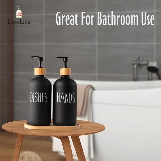 LOOCHICA 2 Pack Black Glass Soap Dispenser Set with Tray, Hand and Dish Glass Soap Dispensers for Kitchen Sink, Matte Black Soap Dispenser Suitable for Kitchen Sink, Rustic Kitchen Décor - Image 8